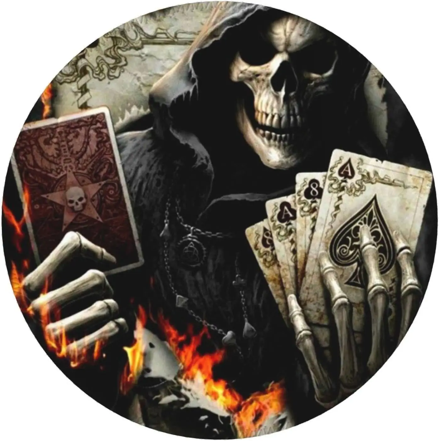 

Круглый коврик для мыши Grim Reaper Spades Death A Fire Dark с черепом, Нескользящий прорезиненный коврик для мыши для компьютерного стола, игрового ноутбука, работы в офисе