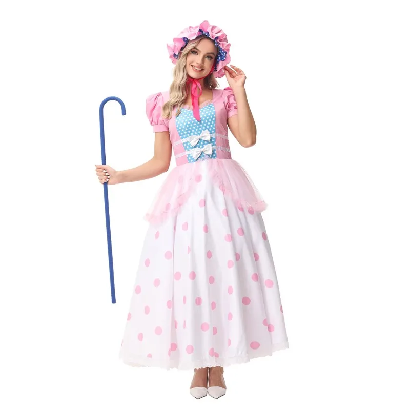 لعبة الهالوين للنساء البالغات S Bo Peep epherd Girl مجموعة أزياء دكتور الوردي مادة البوليستر الزي الصيني التقليدي