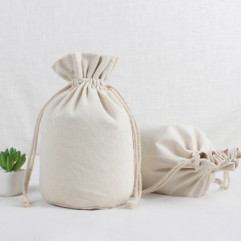 Large Capacity Cotton Linen Drawstring Bag Round Bottom Rice Grain Flour Food Storage Bags Household Sundries Packaging Sacks