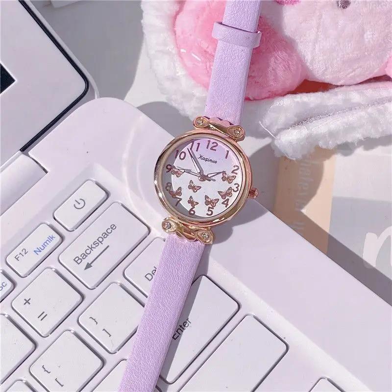 일본 여아용 그라데이션 컬러 시계, 귀여운 나비 만화 쿼츠, 방수 포인터, 캐주얼 가죽 시계 선물