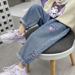 New Sanrio Jeans Korean Cartoon Kawaii Kuromi Children's Embroidered Versatile Pants Cute Girls Spring and Autumn Pants