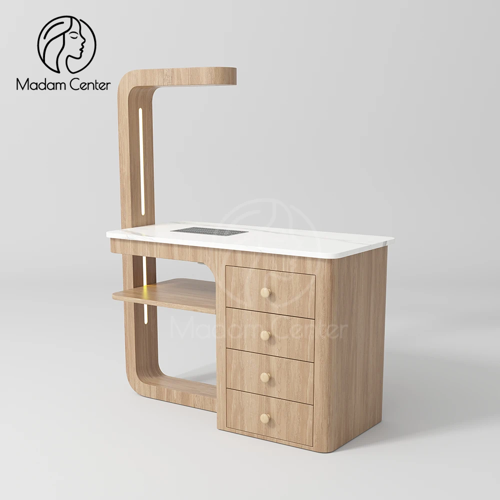 Madamcenter Marble Top Manicure Nail Desk Professional Workstation with Built-in Nail Dust Collector Light Stand for Nail Salon