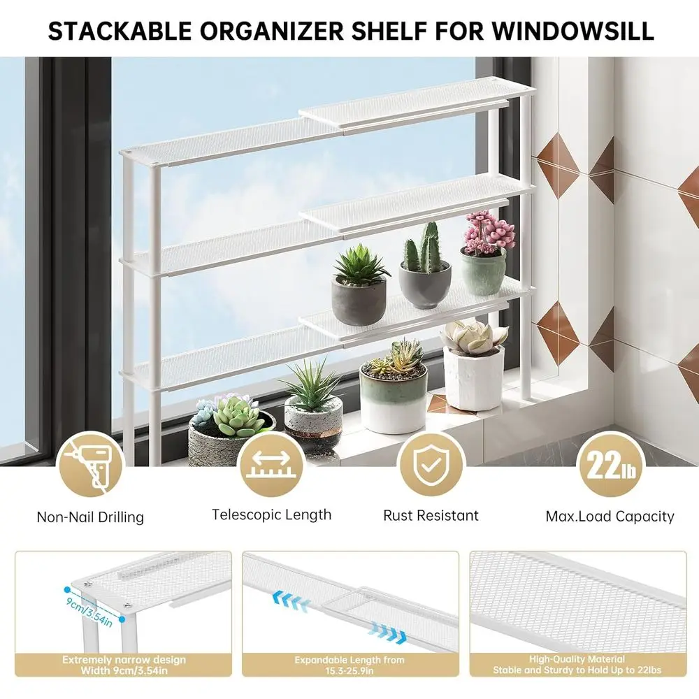 Stackable Mesh Plant Shelves for Kitchen Sink, Expandable Countertop Organizer, 2 White Narrow Holders