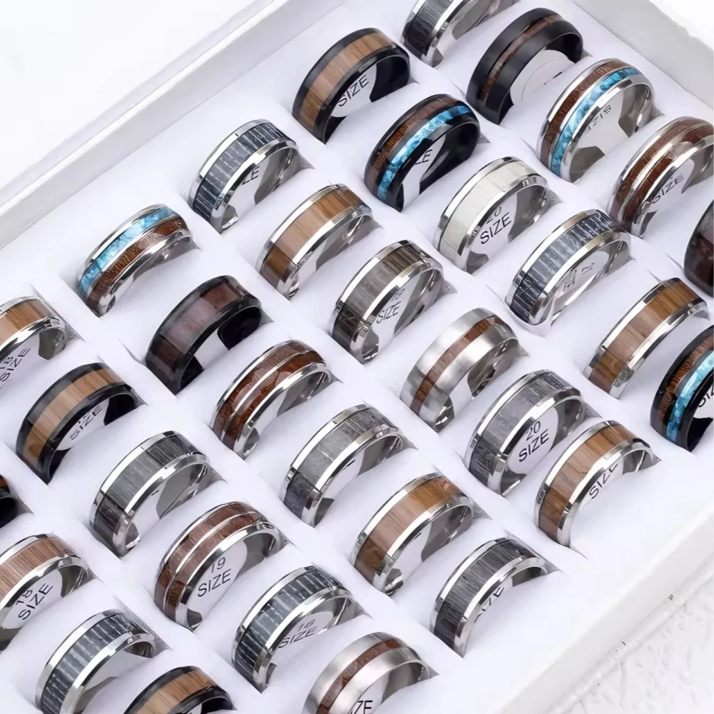 10/20/30Pcs/Lot Fashion Vintage Wood Grain Stainless Steel Rings Men Women Engagement Jewelry Party Gift Mixed Style Random