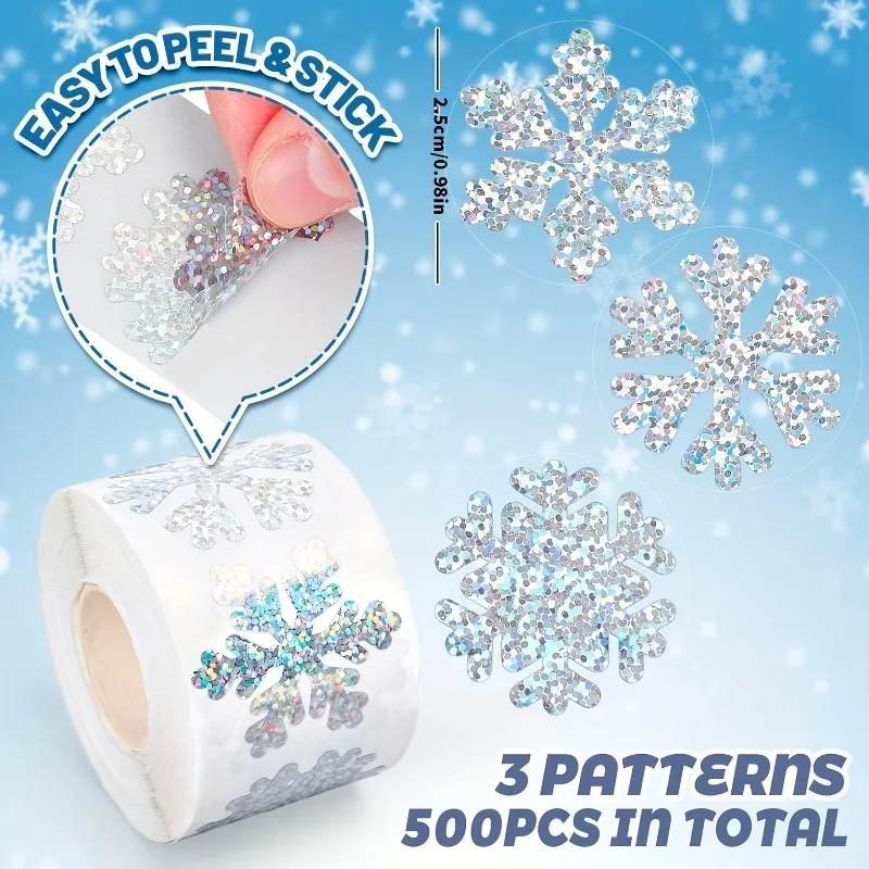 500 pezzi/rotolo adesivi natalizi con fiocchi di neve di vendita caldi transfrontalieri, confezione regalo, adesivi decorativi per finestre natalizie