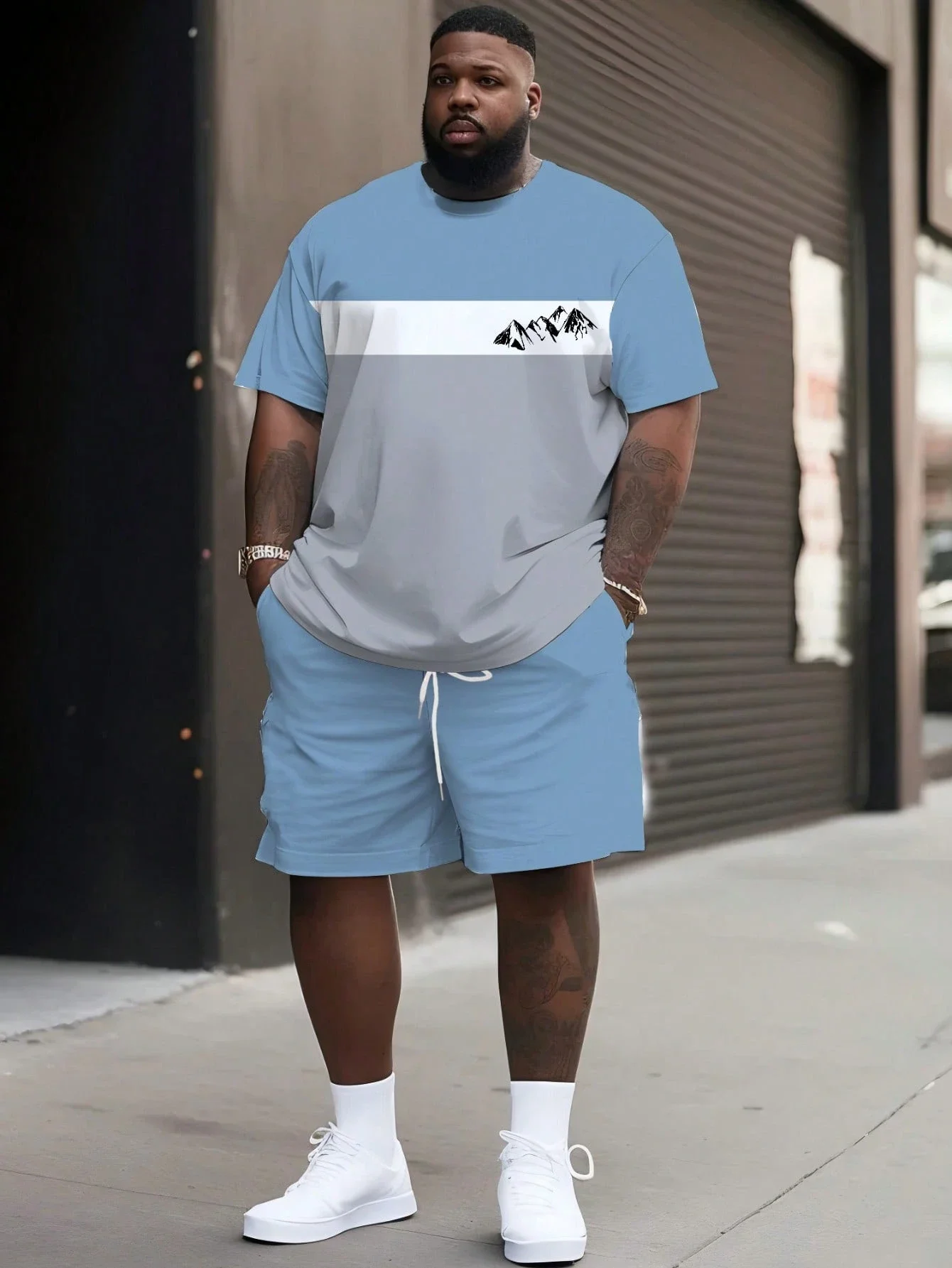 

Plus Size Men's Casual Contrast Color Printed T-Shirt And Shorts Set With Mountain Design