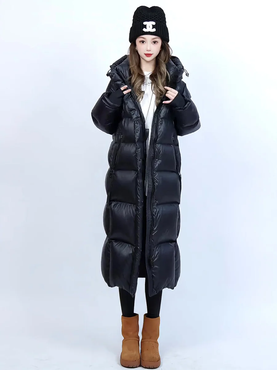 المرأة طويلة مقنعين البخاخ Jaet Bla Thi الدافئة الركبة طول معطف الشتاء عادية Sle ثلاثية الأبعاد تصميم ستيريو الأبيض Du أسفل ملء