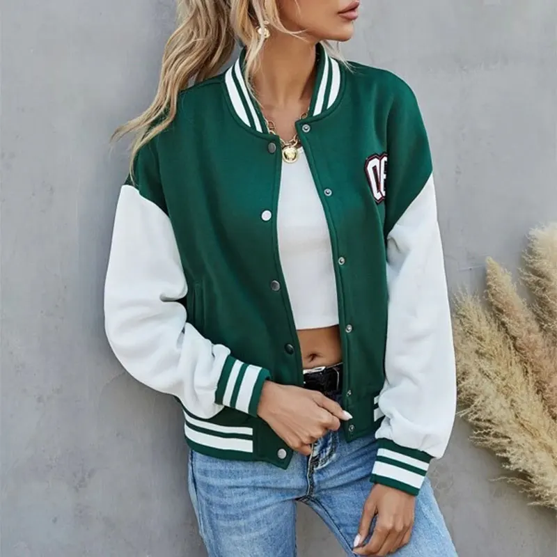 New Girls Long Sleeve Jacket, Autumn Ladies Leisure Style Color Matching Stand Collar Baseball Uniform Tops Single-Breasted Coat