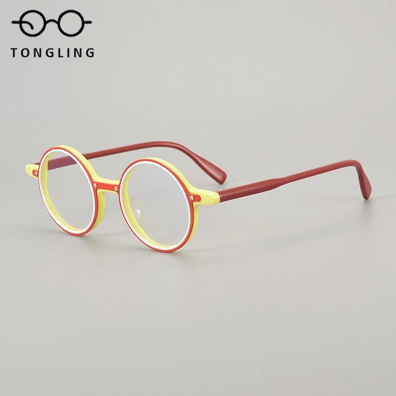 2026 New Fashion Women Patchwork Acetate Vintage Round Men Hand-Designed Personalized Eyeglass Frames With Prescription Lenses