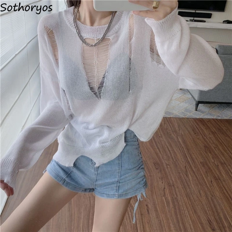 

Pullovers Women Hollow Out Simple All-match See-through Korean Style Hot Girl Casual Personality Cozy Breathable Summer Knitwear