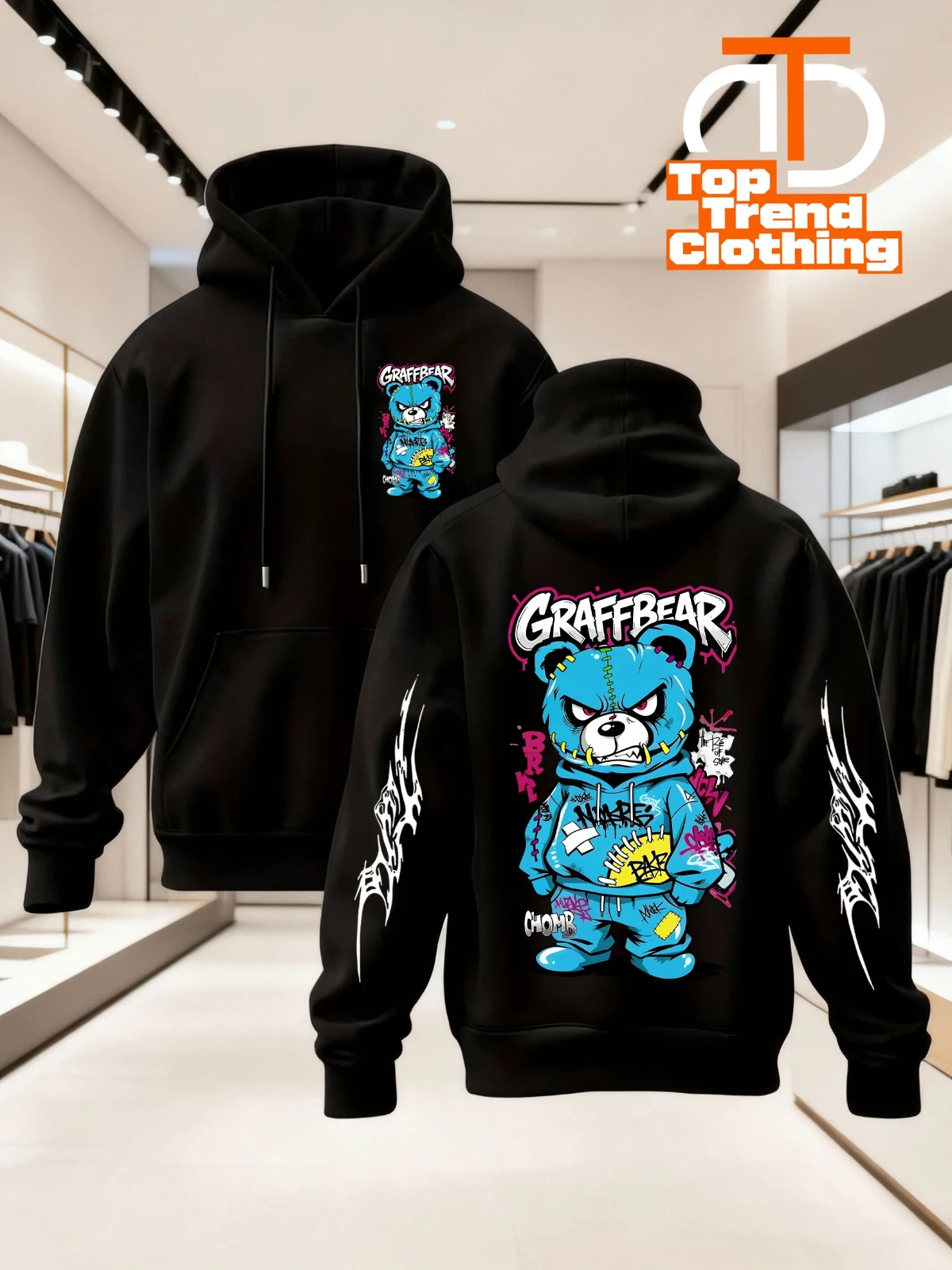 Men's Angry Blue Bear Hoodie Graffiti Cartoon Street Art Hip Hop Graphic Fleece Sweatshirt Streetwear Autumn Winter