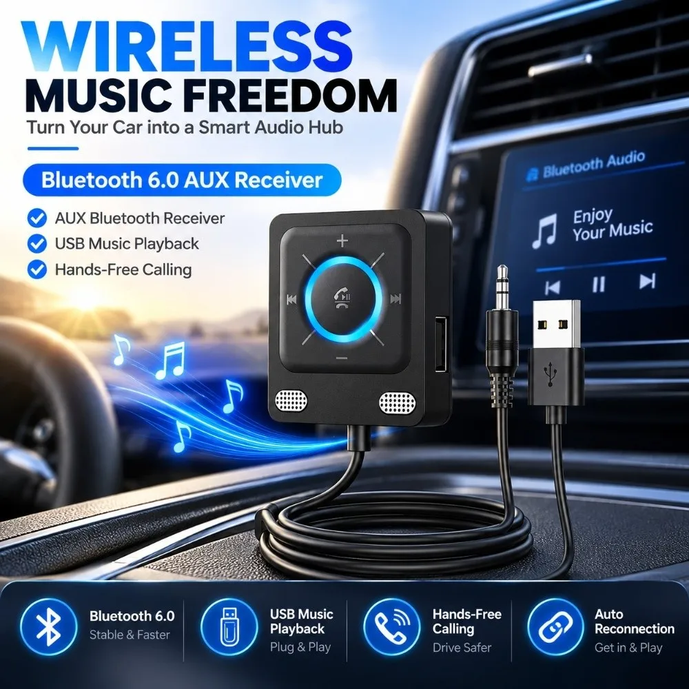 Bluetooth 6.0 Bluetooth Audio Receiver Dual Microphones Dual Device Hands-Free Car Kit 10m Range USB Playback Car AUX Adapter