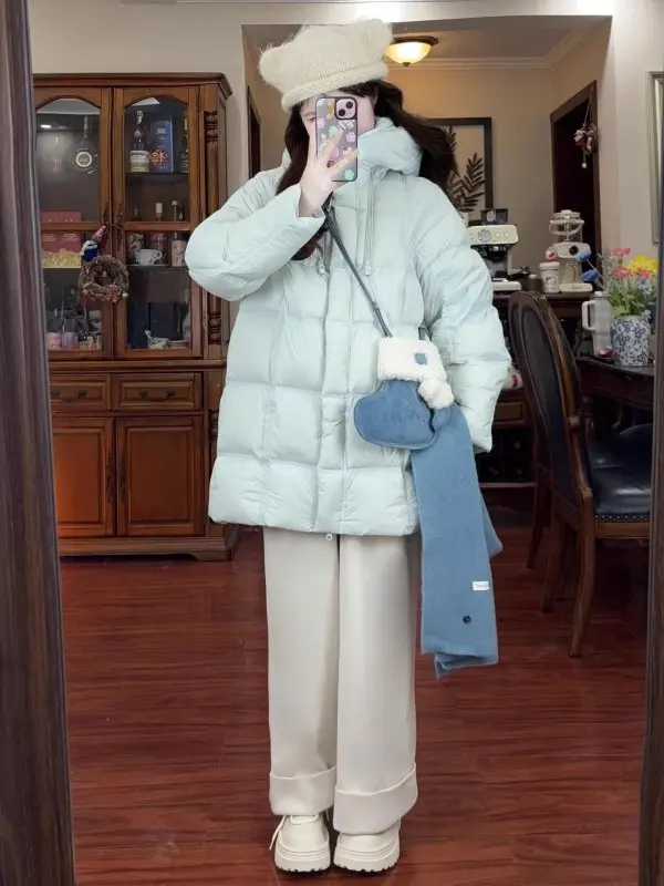 

Korean Sle Warm Cotton Jaet Women's Mid-Length Coat Sli Commute Thiened Long Sve High Collar Zipper Pure Color