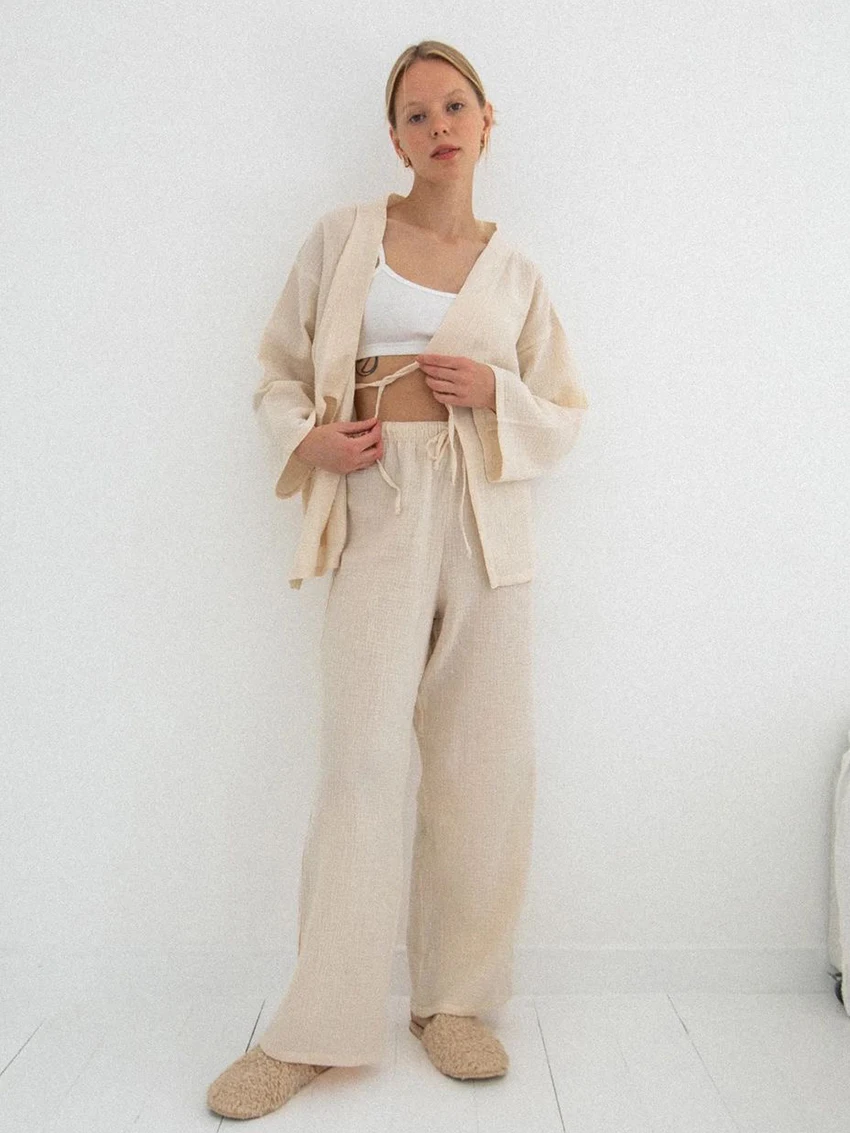 Marthaqiqi Cotton Women Sleepwear Set Sexy V-Neck Pajama Long Sleeve Nightie Lace Up Nightgowns Pants Casual Ladies Pyjamas Suit