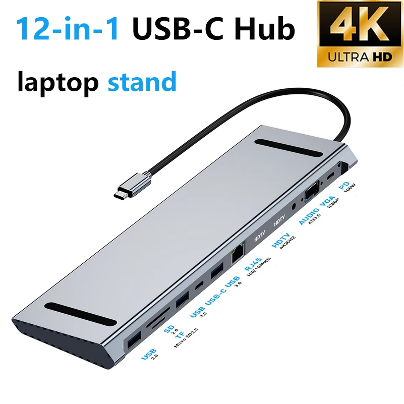 12-in-1 USB C Hub Stand with Dual 4K30Hz HDTV, VGA, 100Mbps, Audio, PD 100W, 2 USB 3.0 5Gbps, USB 2.0, SD/TF for Laptop