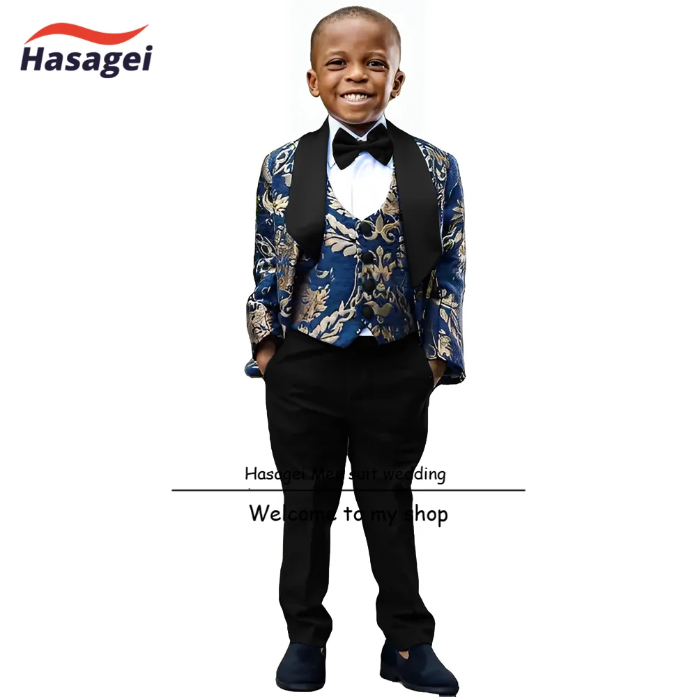 Gold Pattern Boys Suit 3 Piece Suit with White Pants Formal Kids Wedding Tuxedo Teen Stage Performance Wear 2-16 Years Old