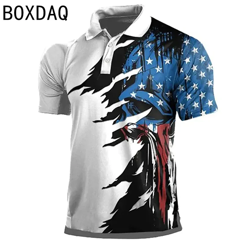 Vintage American Eagle USA Flag Print Polo Shirt Men's Summer Short Sleeve Lapel Casual Polo Shirt Vintage Design Street Shirts