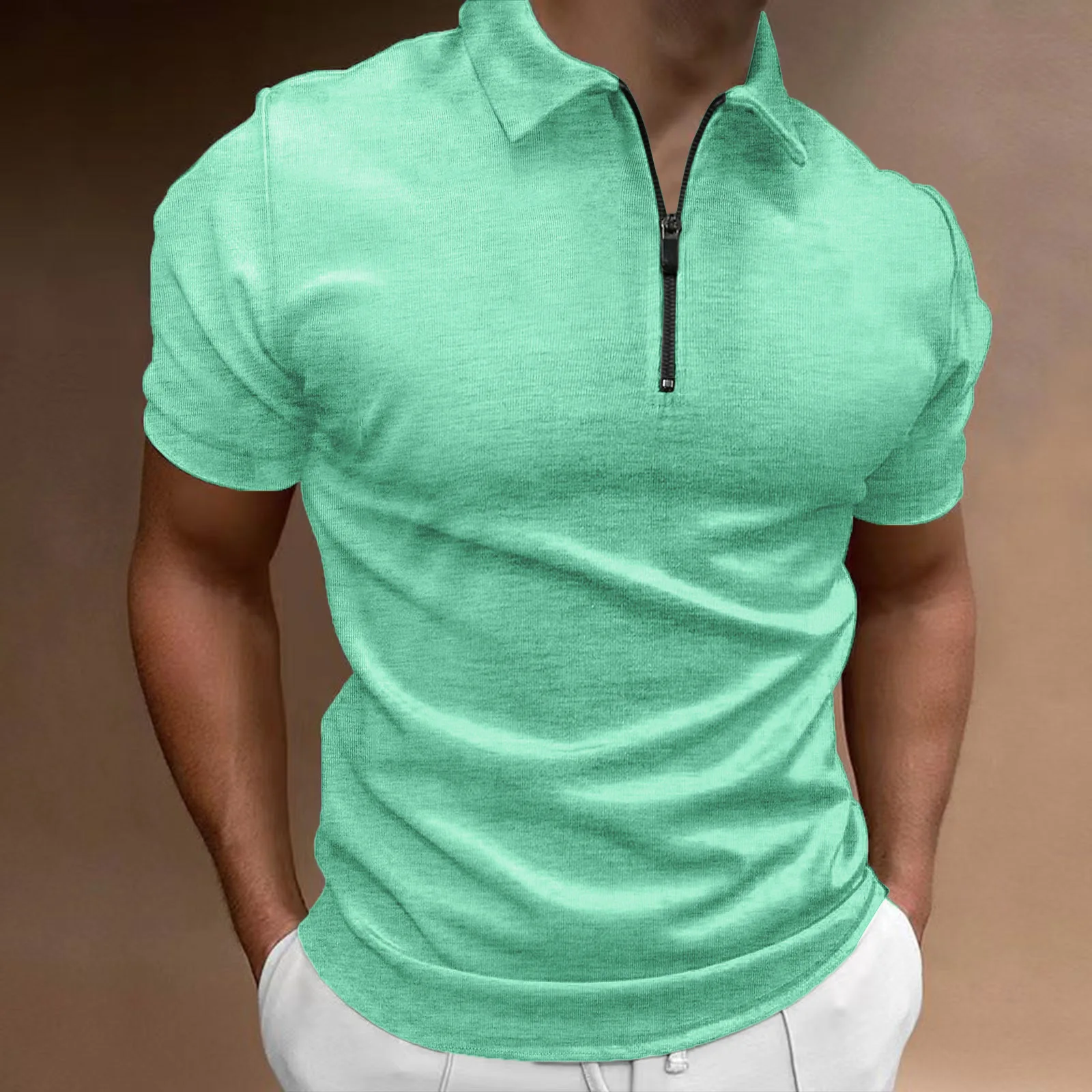 Versatile Texture Summer Polo Shirt Short Sleeved Zippered T-Shirt Solid Color Casual Street Wear New Men's Top MB13