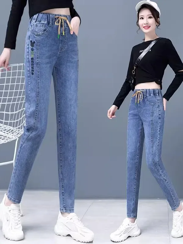 

High Waist Dad Jeans Women's Harlan Denim Spring Autumn Winter Loose Slimming Large Size Carrot Pants Drawstring Medium Hardness