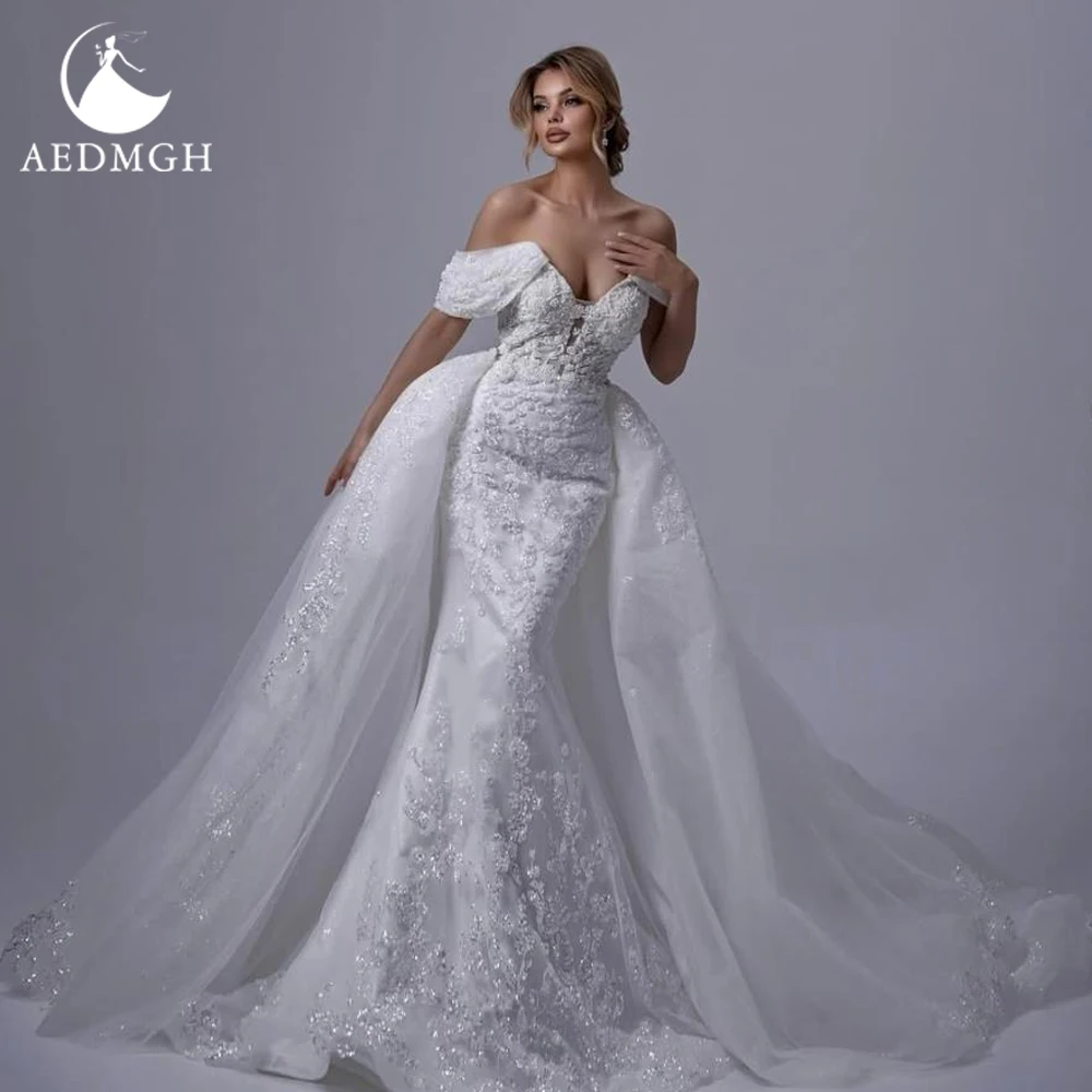 

Aedmgh Mermaid Sexy Wedding Dresses Off The Shoulder Vestido De Novia Lace Embroidery Detachable Train Custom Made Bridal Gowns
