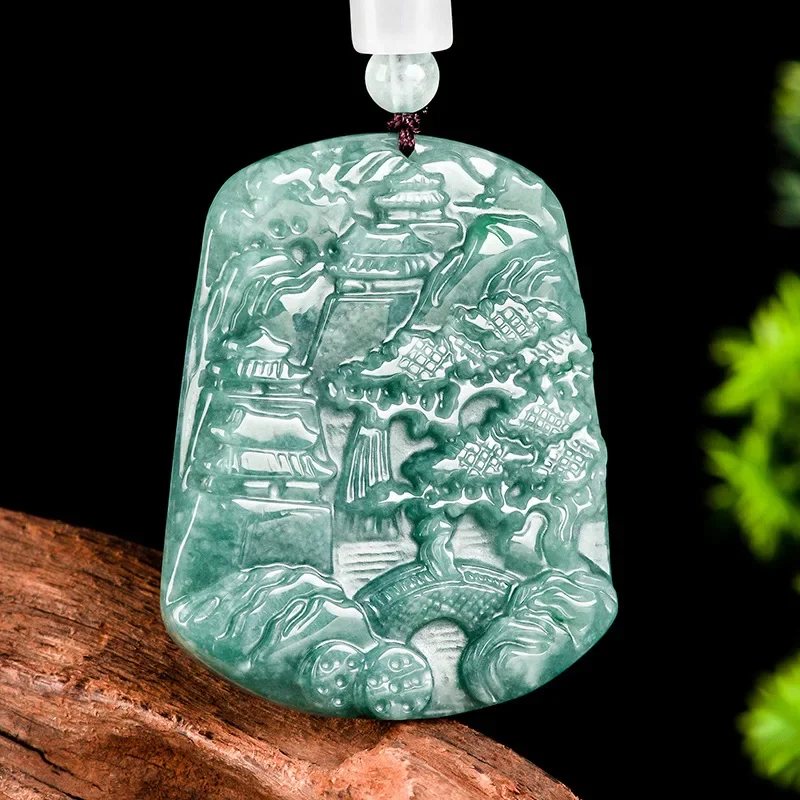 Burmese Jadeite Landscape Pendant Vintage Carved Fashion Amulet Blue Charm Necklace Jewelry Real Natural Jade Accessories