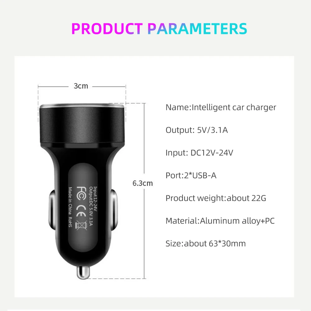 3.1A Dual Usb Car Charger 2 Ports Lcd Display 12V Car Cigarette Lighter Power Adapter Socket Car Phone Charger for iPhone Xiaomi