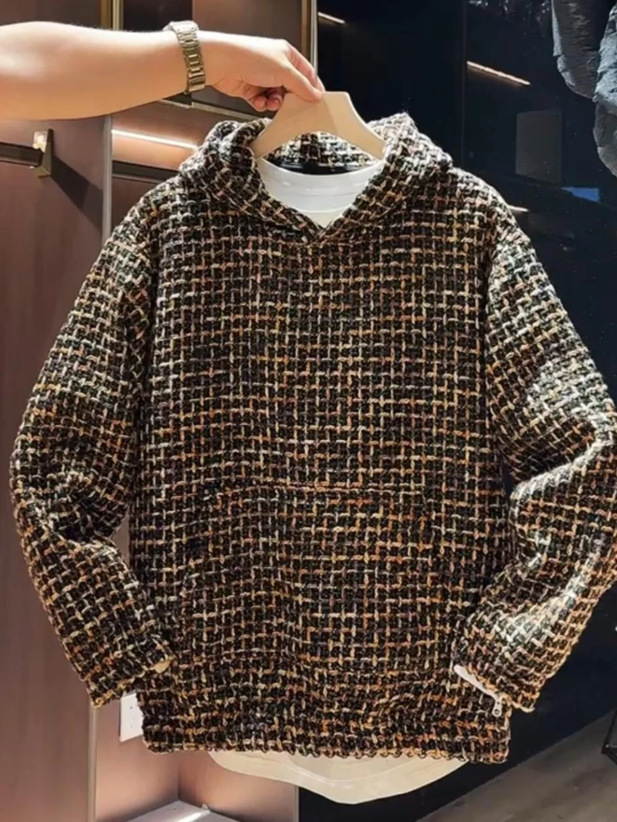 

Осенне-зимняя утепленная вязаная толстовка с капюшоном для мужчин, повседневная, с длинным рукавом, свободного кроя, модная, в уличном стиле, удобная толстовка