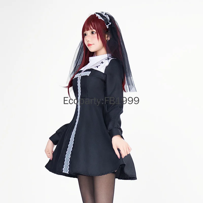 New Women Halloween Nun Cosplay Costume Black Anime Sexy Cross Gothic Lolita Dress Veil Set Carnival Party Ghost Bride Dress Up