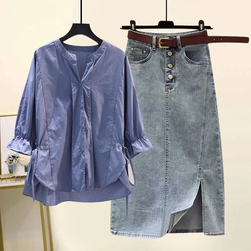 

Summer Casual Fashion plus Size Women's Shirt And Skirt Set High Waist Denim Skirt Slimming Effect Belly Covering Top