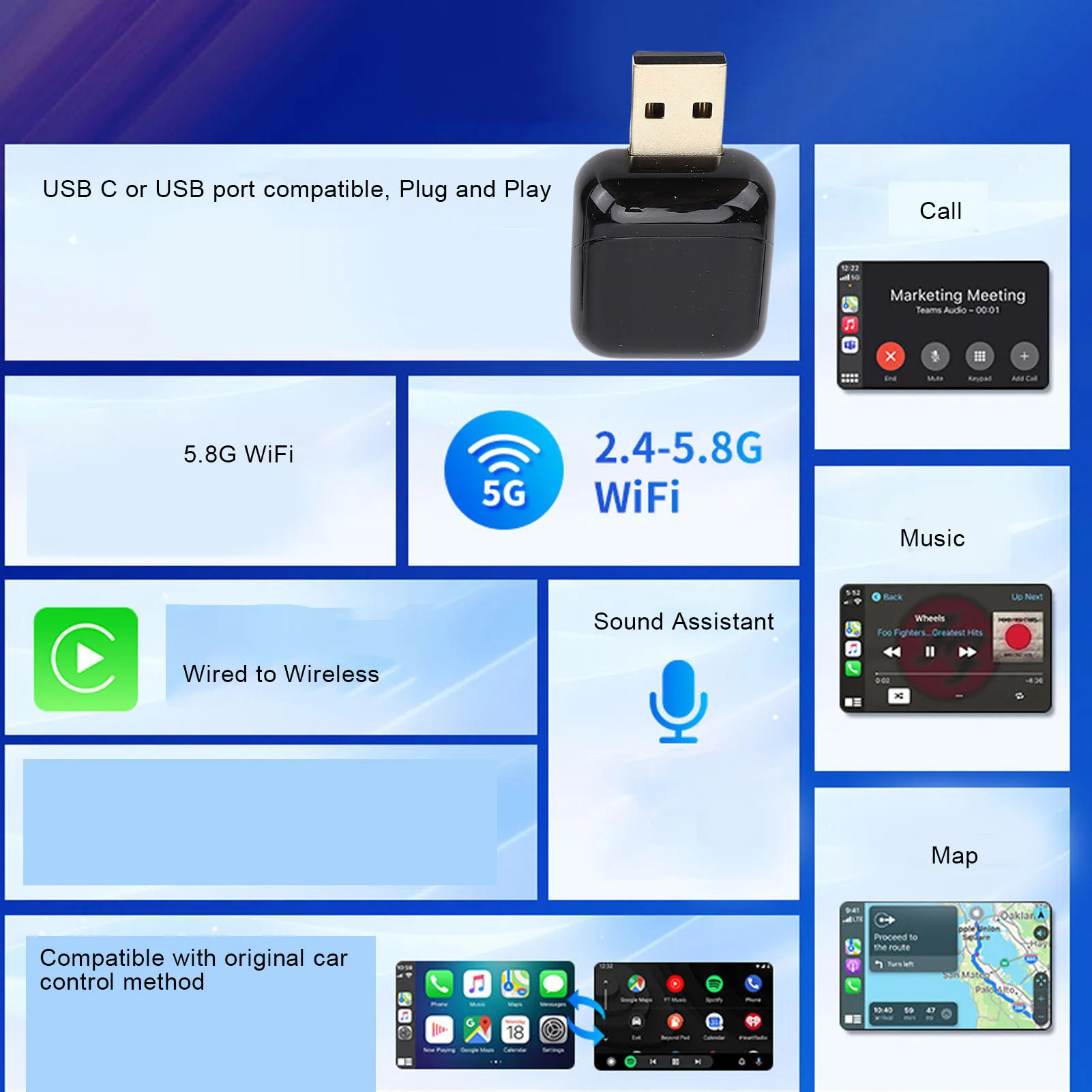 Car Wired to Wireless Adapter Wireless Adapter for CarPlay Quick Setup Auto Connect Plug and Play Car Wired to Wireless Adapter