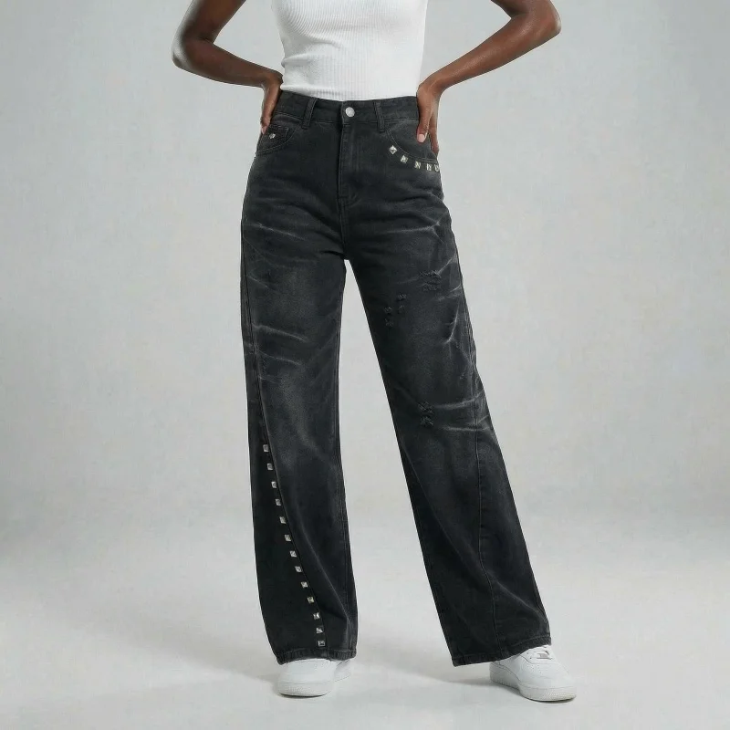 

2026 Punk Y2K Style Rivet Design Vintage Black Baggy Women's Stacked Jeans Pants For Woman Clothes Straight Cotton Long Trousers