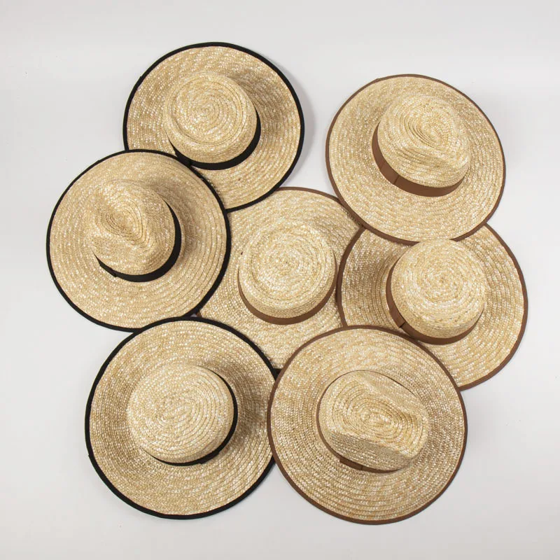 Spring Summer New Trimmed Wheat Straw Hat Flat Top Sun Protection Beach Travel Cap Women
