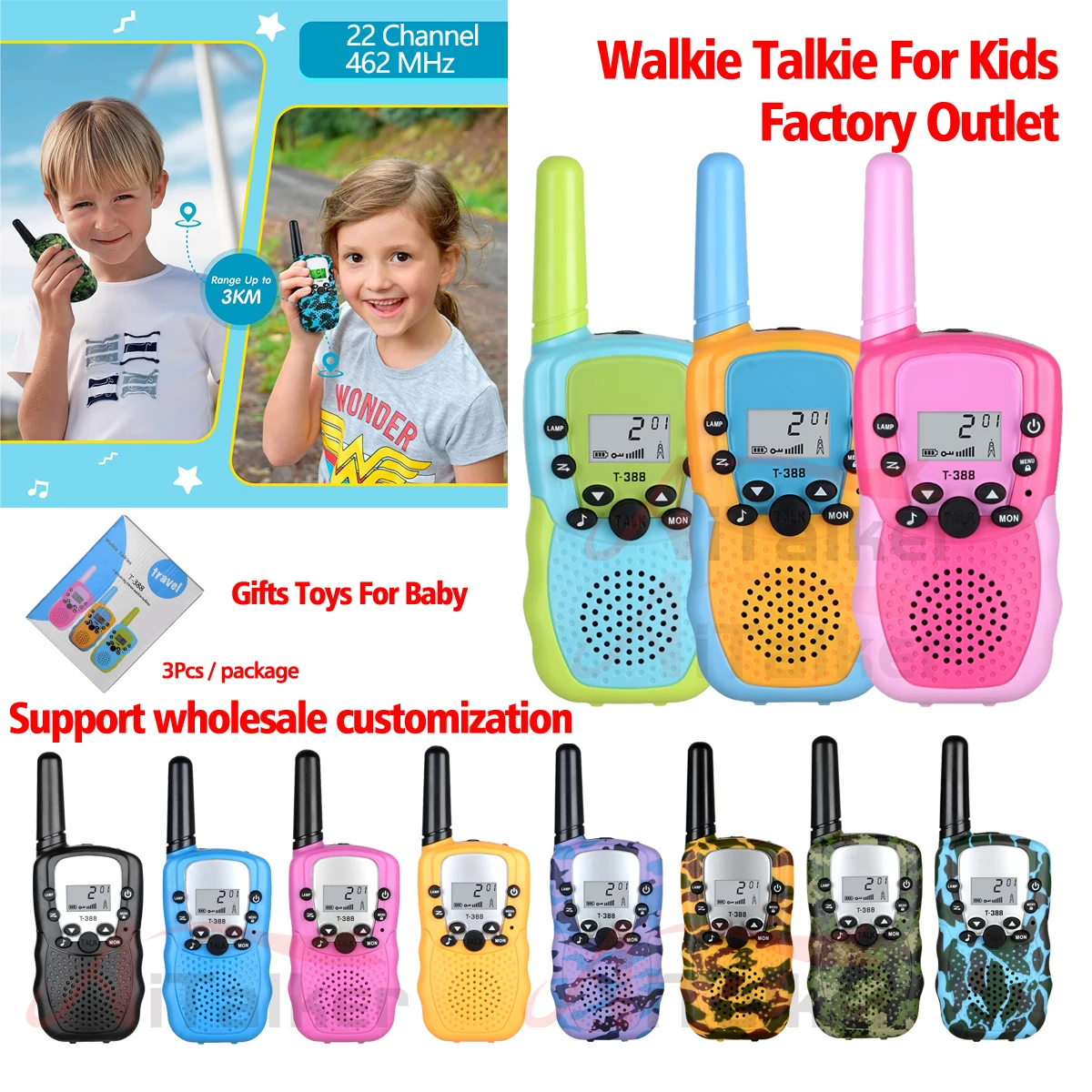 Mini Walkie Talkie for Kids, Pai-Filho, Jogos de família, Brinquedos Educativos, Intelectual, Rádio Baofeng, Presentes Meninos, T-388, 3Pcs