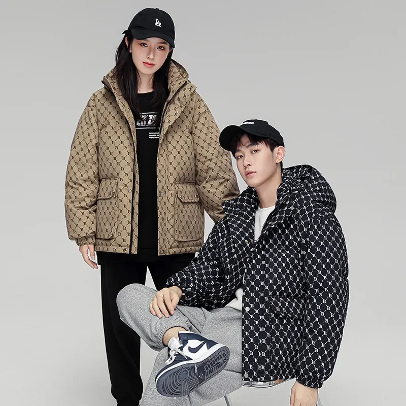 

New Men Parkas Down Print Long Sleeve Coats Zipper Parka Hooded Cardigan Outerwear Loose Fit Casual 2025 Winter Pockets Spliced