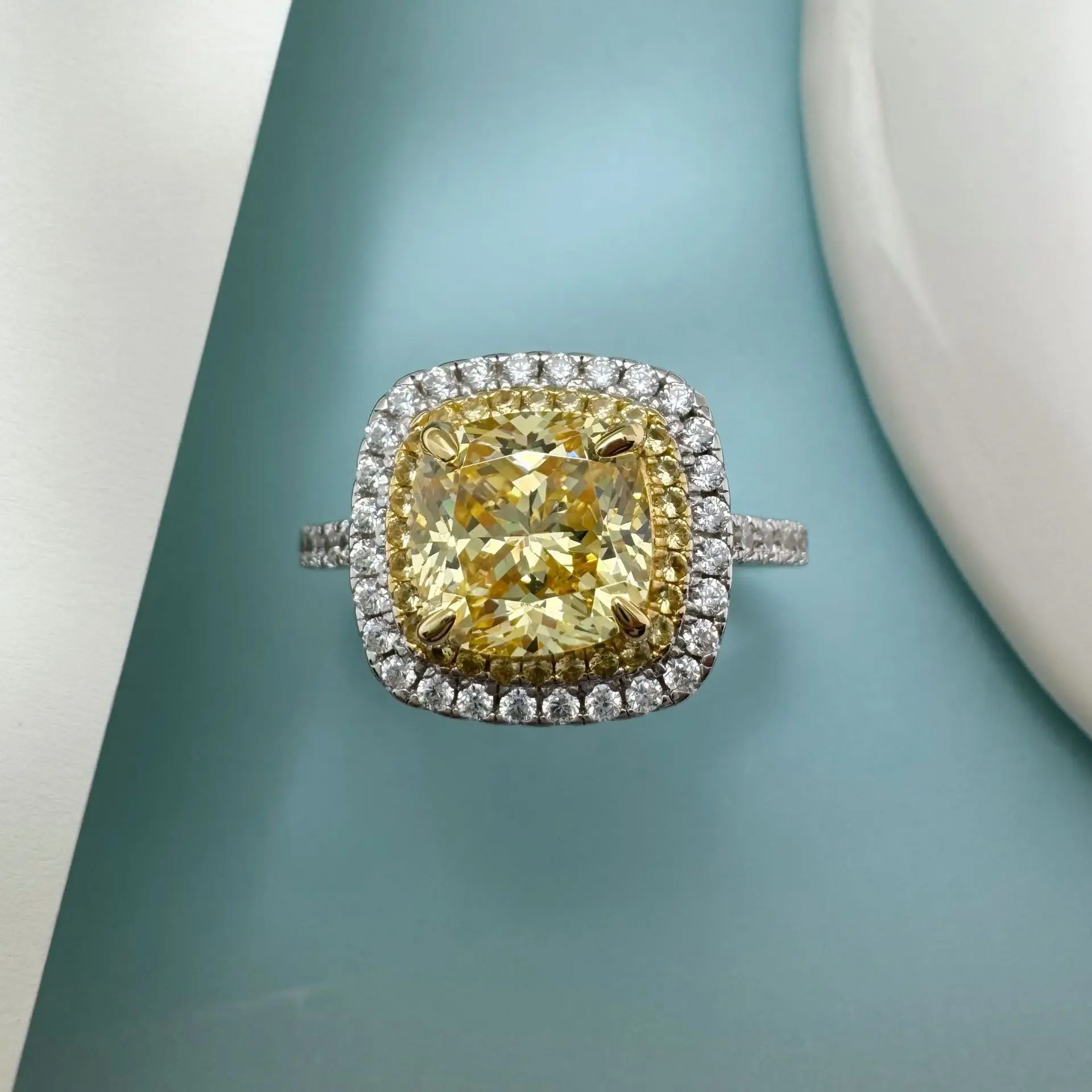 Micro-Pave Double Circle Yellow Diamond 2.5ct Moissanite Ring PT950 Platinum Women-Unique Design, Bright Yellow, Luxury Platinum