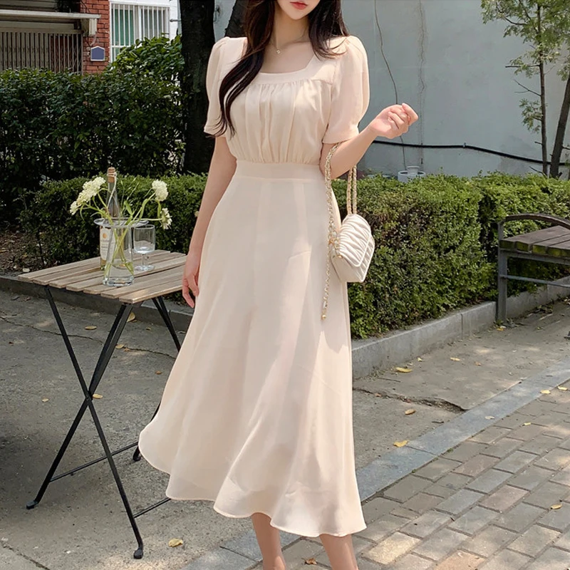 

New Korean Fashion Chiffon Dress Women Summer Square Collor Puff Sleeve Office lady Elegant Dresses Design Vestidos Clothing