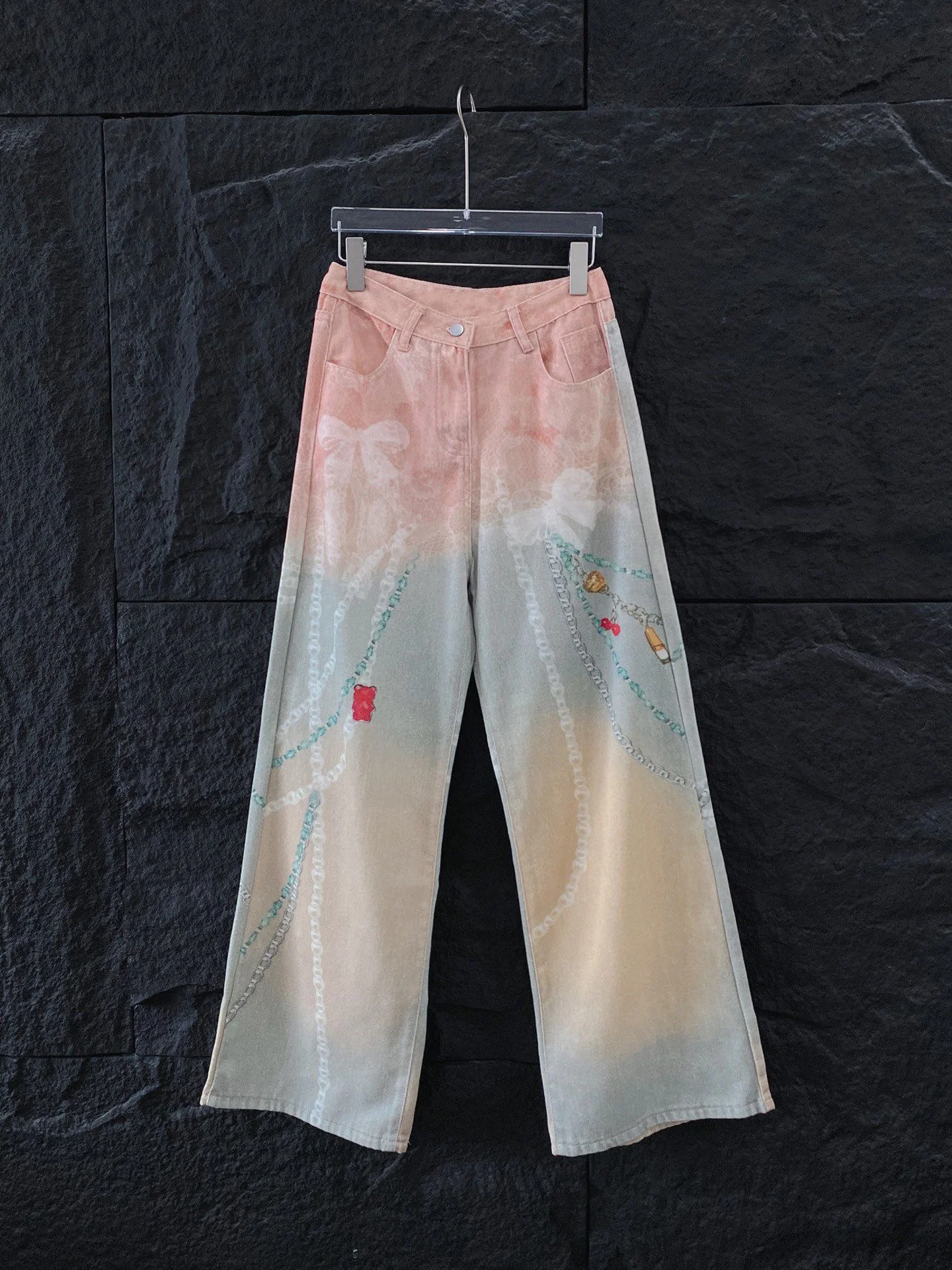 American Style Vintage Girl Feeling 3D Print Chain Denim Pants Women's Loose Straight Casual Long Trousers Summer Pure Color