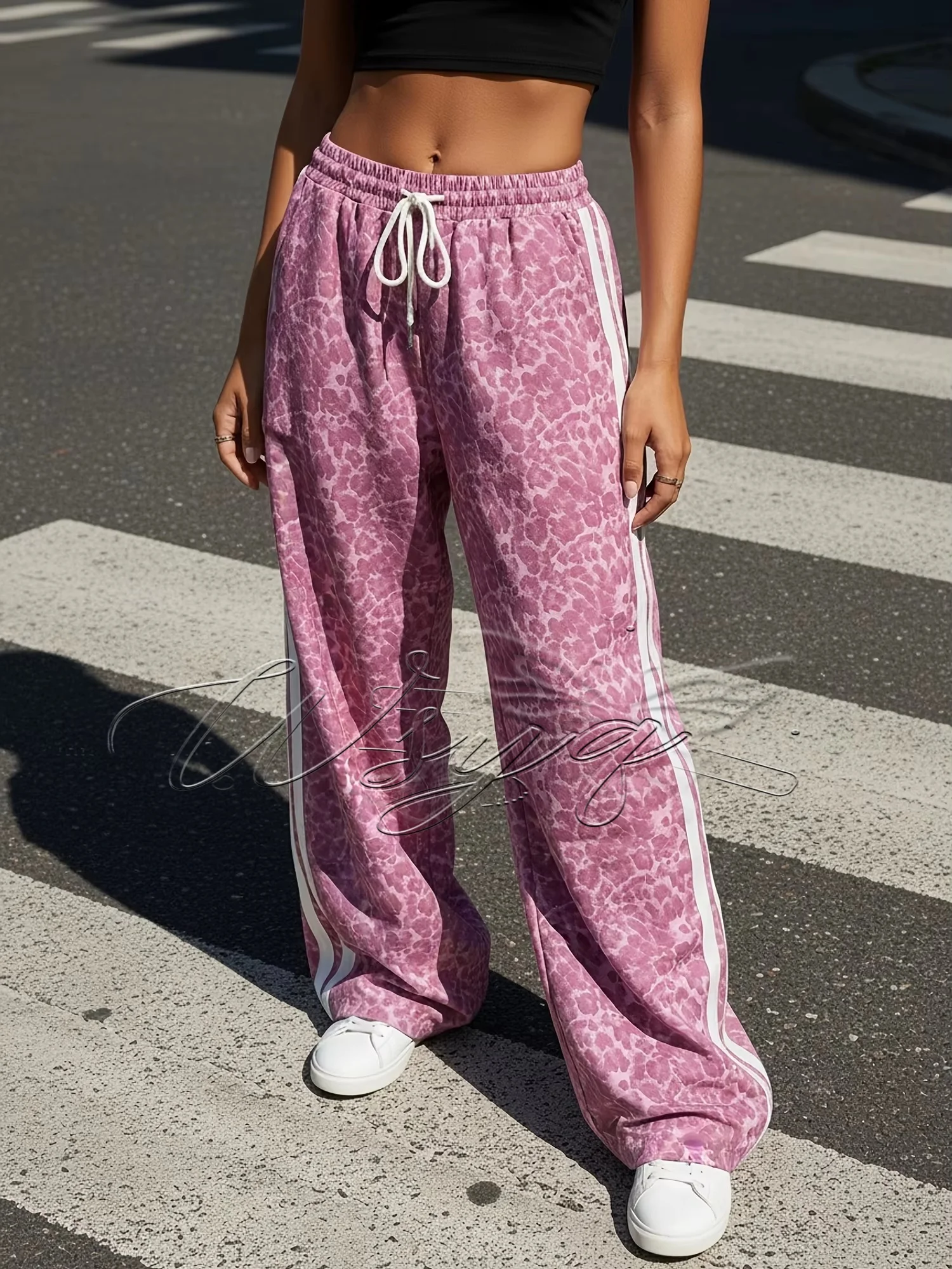 Unisex Pink Leopard Print Side Striped Straight Long Pants Quick Dry Casual Trousers, Elastic Waist Streetwear Sweatpants