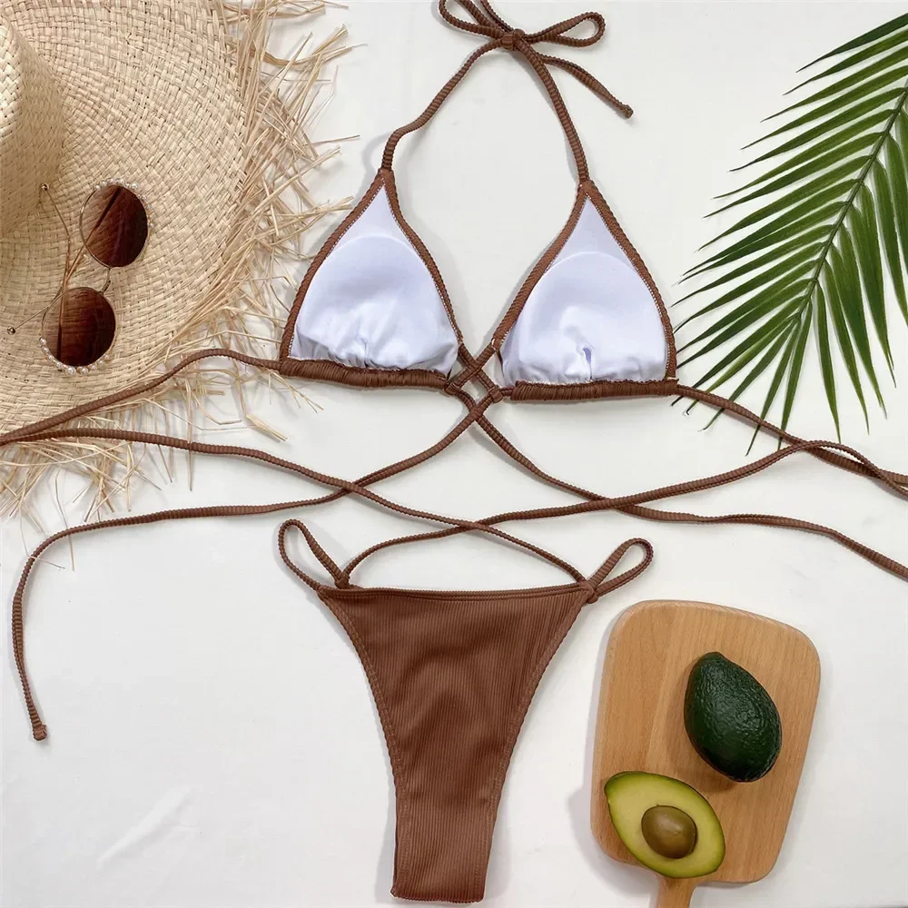 Sexy Brown Swimsuit String Halter Micro Thong Bikini 2025 Ribbed Swimwear Women Brazilian Triangle Bikinis Sets Bathing Suit