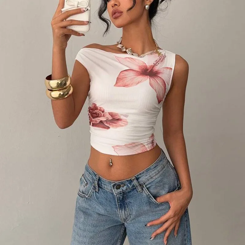 

European and American foreign trade sexy off shoulder T-shirt 2025 summer new sleeveless slim fit top short for women