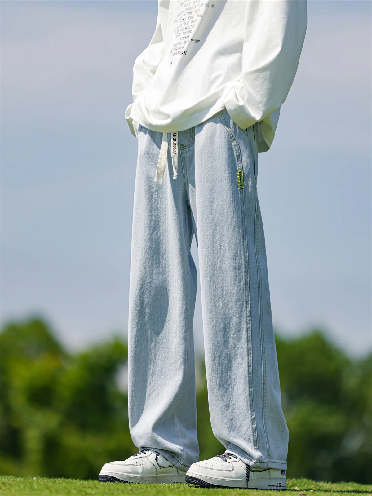 

Summer Men's Casual Loose Straight Leg Jeans Elastic Waist Light Color High Street Faion Wide Leg Long Pants