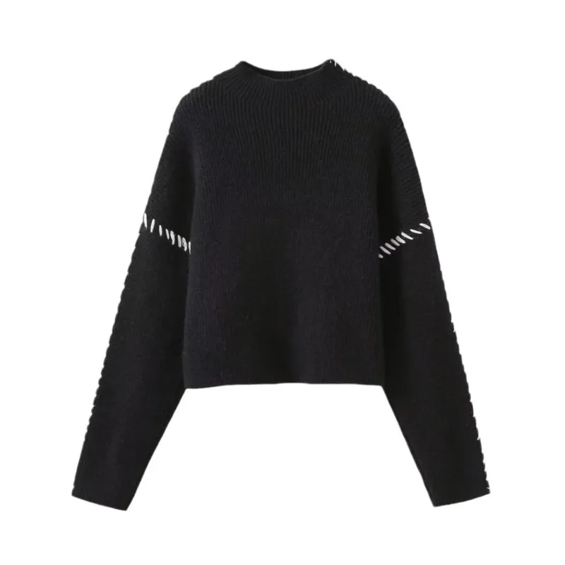 New Autumn Women Elegant O-neck Black White Color Contrast Knitted Sweater Long Sleeve Pollover Winter Patchwork Ladies Outwear