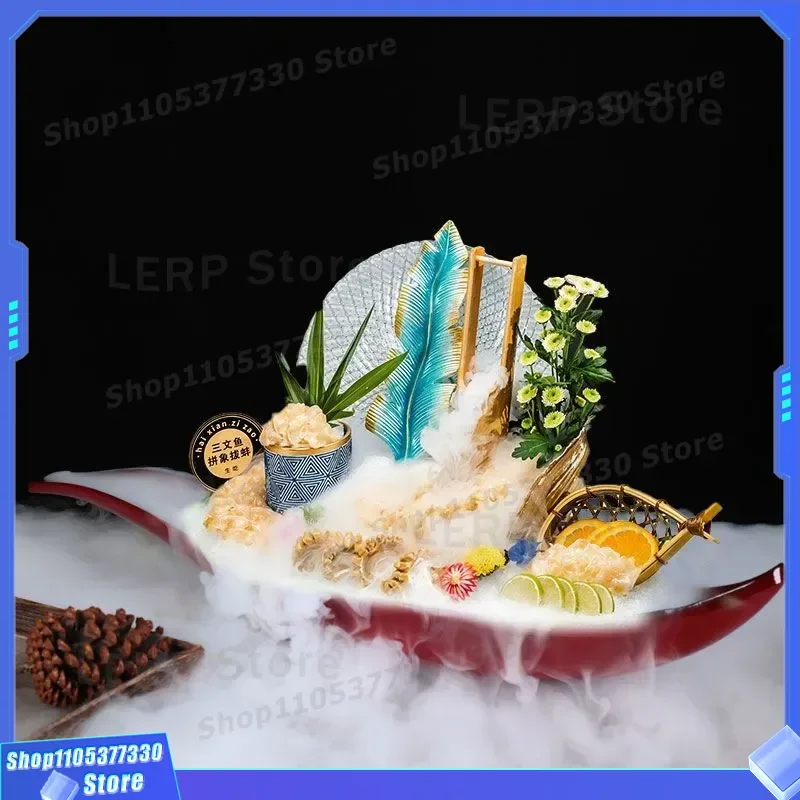 Creative Golden Branch Jade Leaf Sashimi Plate High End Seafood Platter for Salmon Raw Fish Ice Display Dry Ice Tableware
