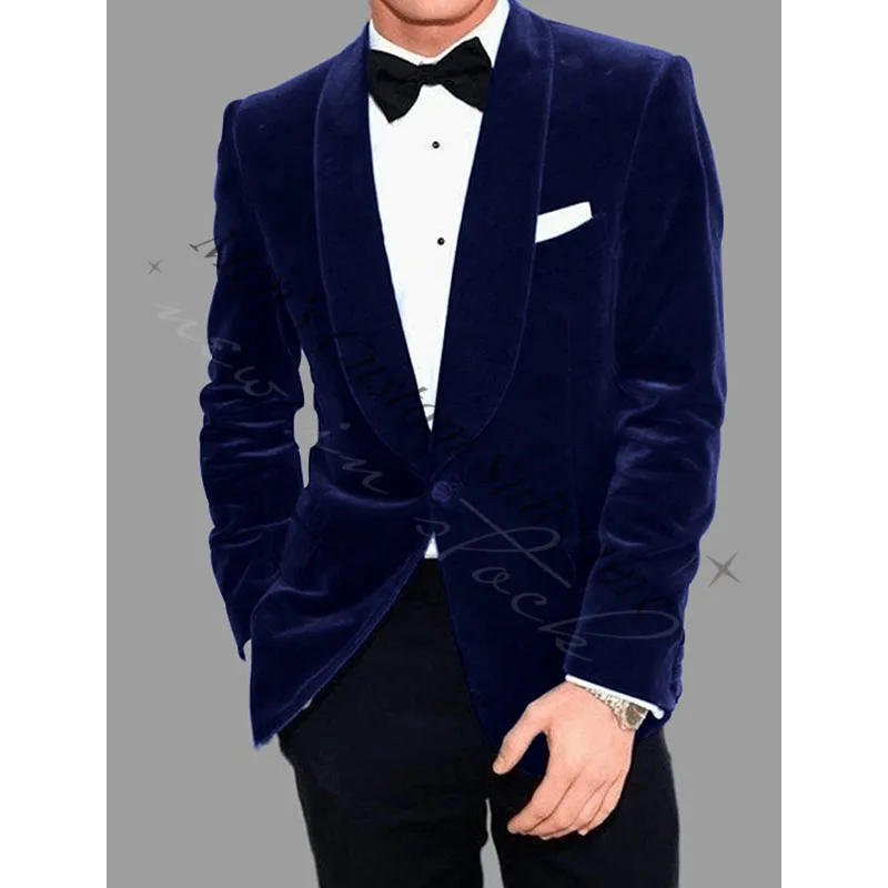 メンズカジュアルベルベットブレザージャケット、ブルーシャワンラペルスーツ、レギュラー、カスタムフィット、単色、ワンボタン、メンズパーティー、ファッション
