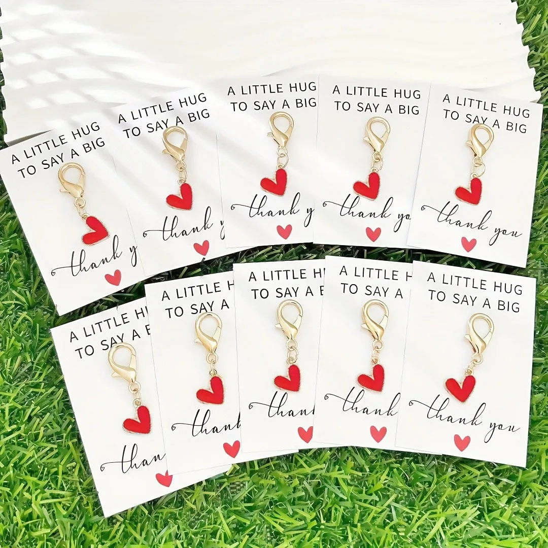 20pcs Alloy Heart-Shaped Keychain Set - Heart Pendant with Thank You Card - Lobster Clasp, Durable Zinc Alloy, Touching Gift