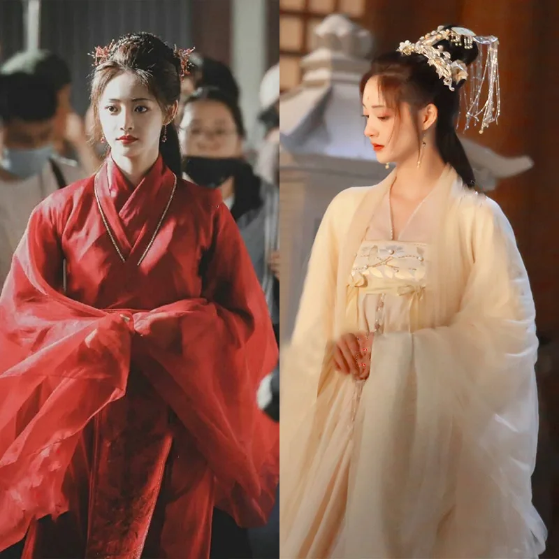 Actress Zhou JieQiong New Drama Be My Princess Pink and Red 2 Color Fairy Costume Hanfu with Hair Accessories Cosplay Outfits