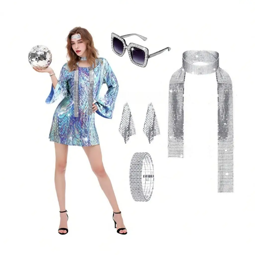 

New Halloween Hippie Women's Glitter Gold Embossed Dress Stage Performance Disco Costume Sequin Party Gown Female Model