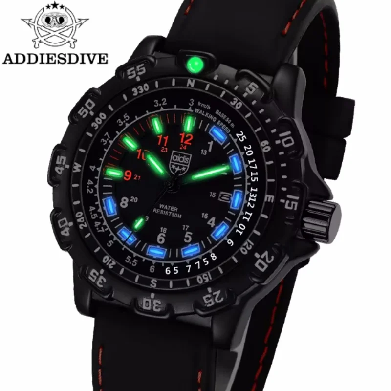 ADDIESDIVE Outdoor Sports Luminous Tube Quartz Wrist Watches 50M waterproof Men Black Silicone Watch Clock Men\'s watch