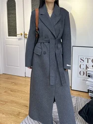 High-end Gray Women Thick Double-sided Wool Cashmere Coat Long New Loose Lapel Long Sleeve Woolen Coats Female Overcoat Winter