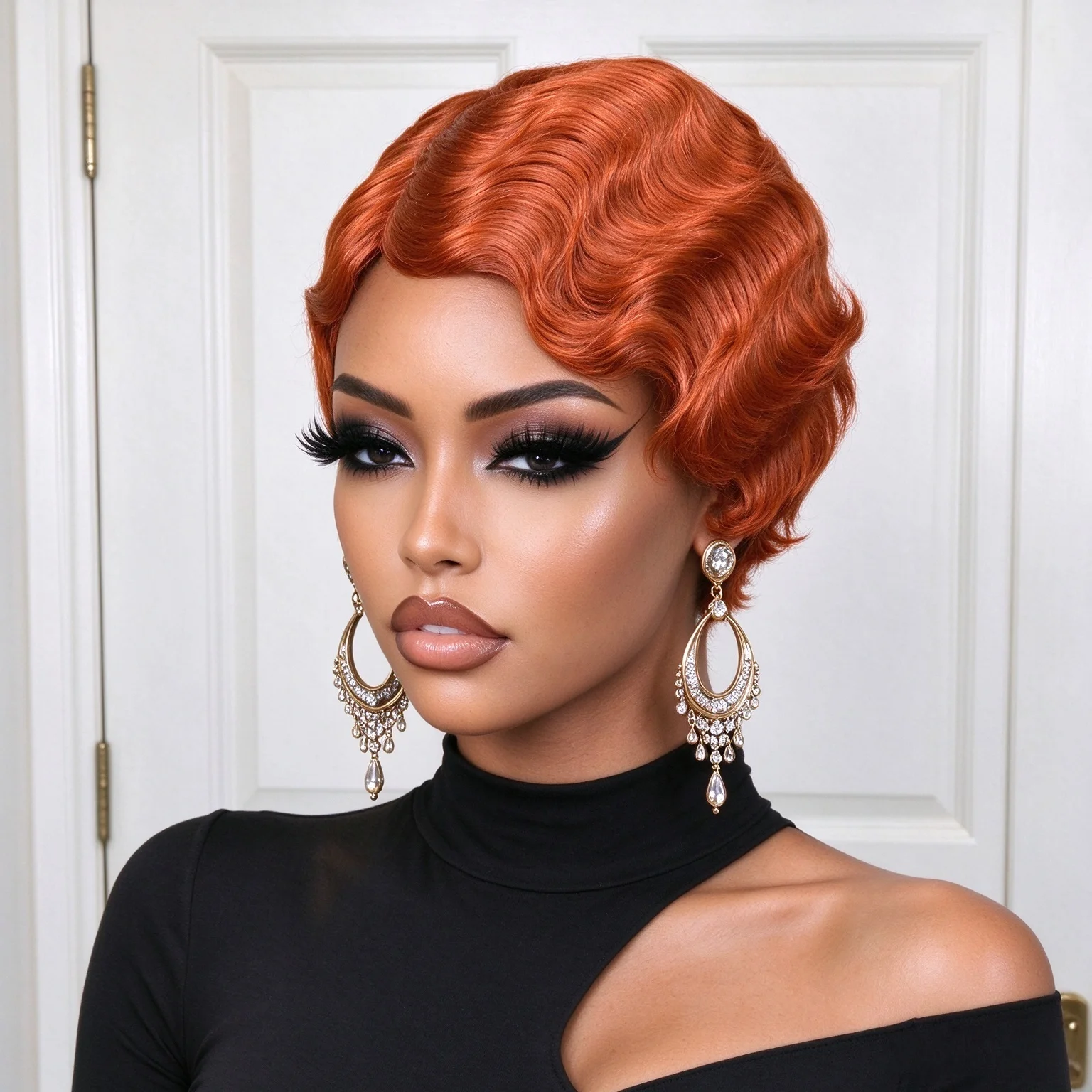 Retro Finger Wave Short Human Hair Wig Full Machine Made Wig Natural Pre Plucked Hairline Fashion Short Wavy Wig For Daily, Club